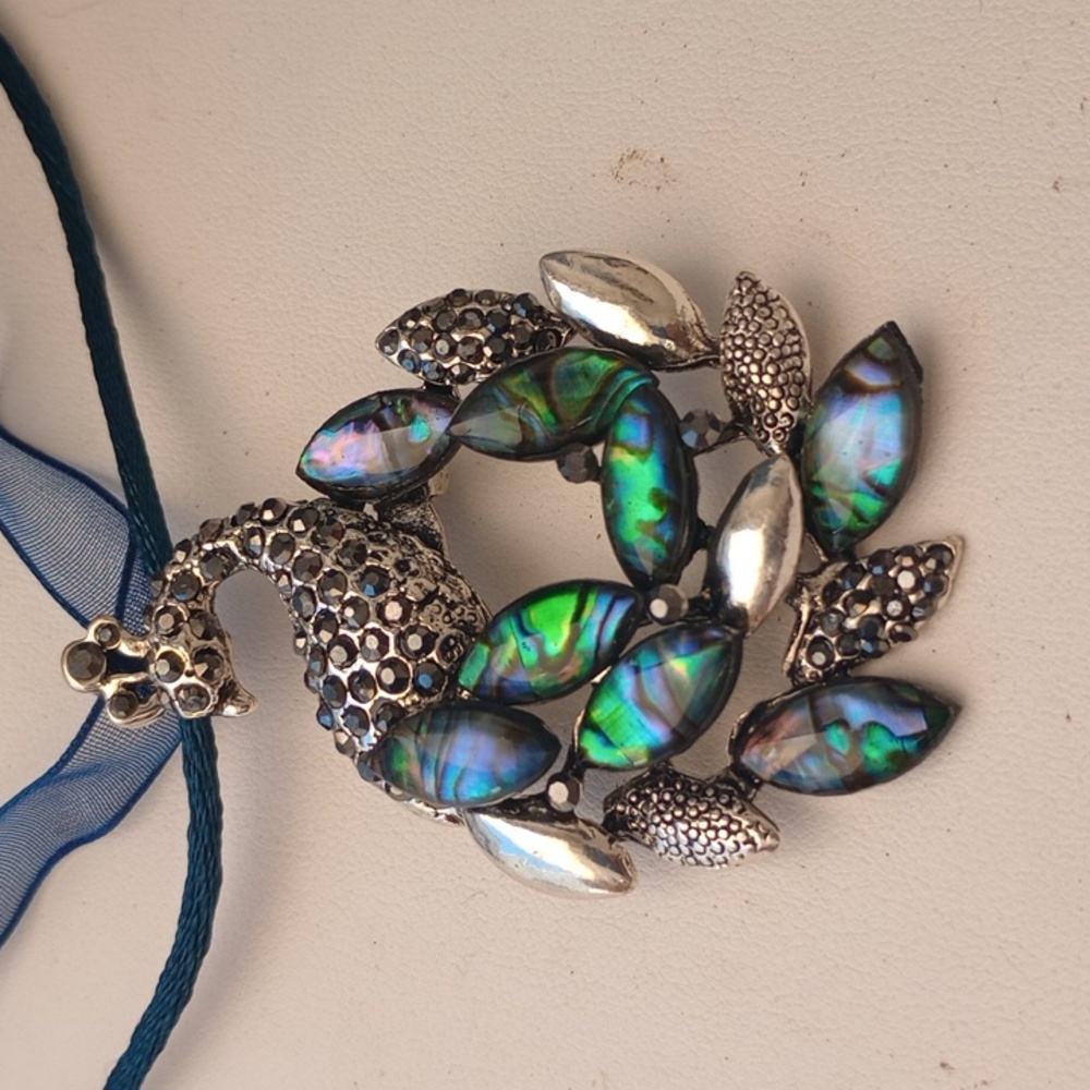 Peacock Pendant Ribbon Necklace Brooch Artisanal Birthday Party Banquet Unique